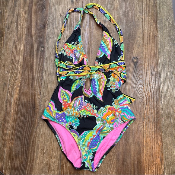 Trina Turk Sea Garden Multi One Piece Halter Cross-back Swimsuit Size 6 - Picture 3 of 11
